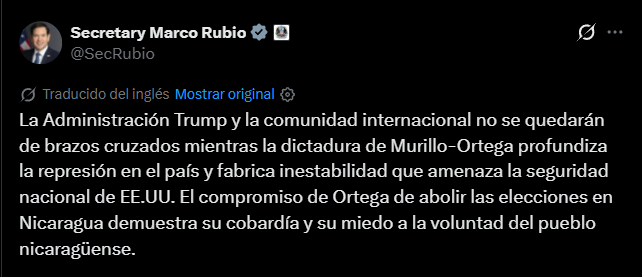Marco Rubio rechaza anuncio de Daniel Ortega.