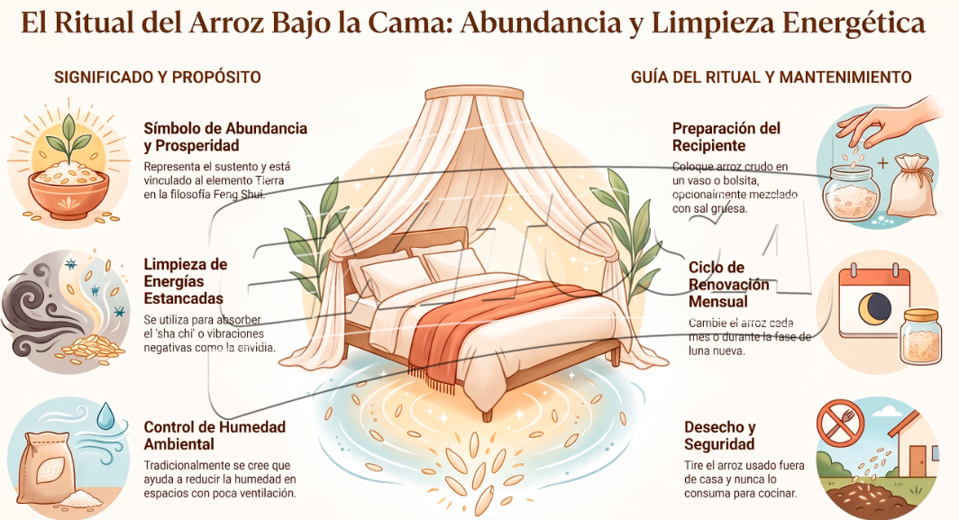 Ritual de colocar arroz debajo de la cama: beneficios y significado.