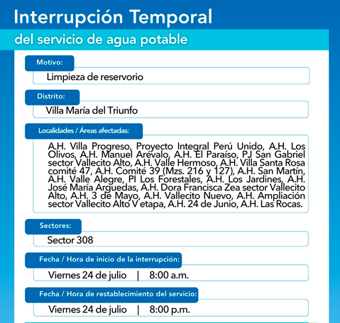 Corte de agua en VMT el 24 de julio.