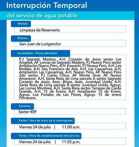 Corte de agua afectará diversas zonas de SJL