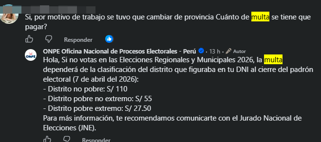ONPE sobre multas por no ir a votar en las ERM 2026.