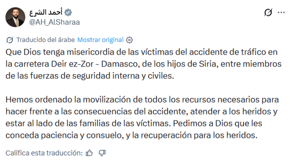 Publicación del presidente de Siria, Ahmed al-Sharaa, en su cuenta de 'X'