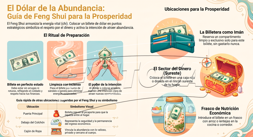 Sitios sugeridos por practicantes de Feng Shui para colocar el billete de d�lar.