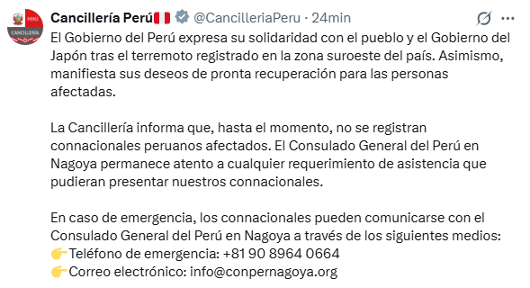 Per� expresa solidaridad con Jap�n tras terremoto y reporta que no hay peruanos afectados.