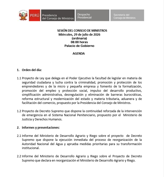 Agenda del primer Consejo de Ministros del gobierno de Keiko Fujimori