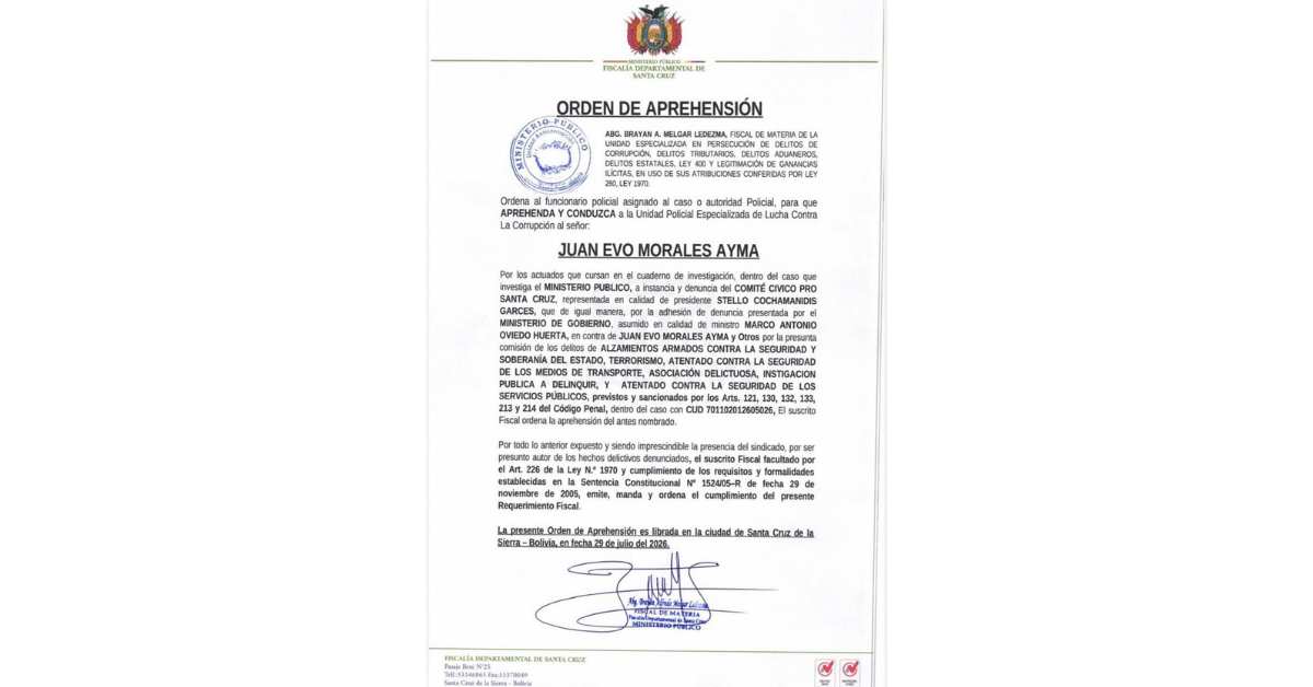Orden de aprehesión de la Fiscalía de Bolivia sobre Evo Morales