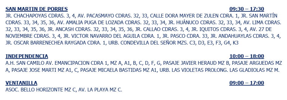 Sectores sin electricidad el jueves 30 de julio.