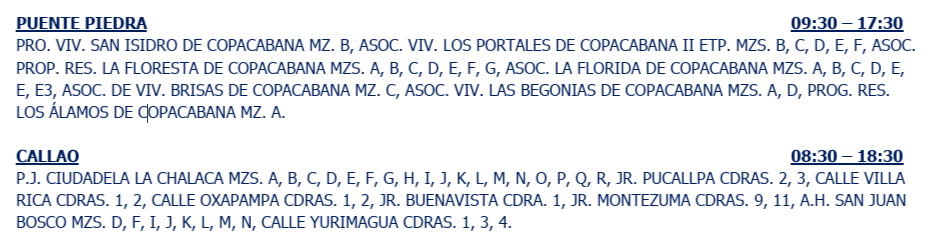 Sectores afectados por corte de luz el 31 de julio.