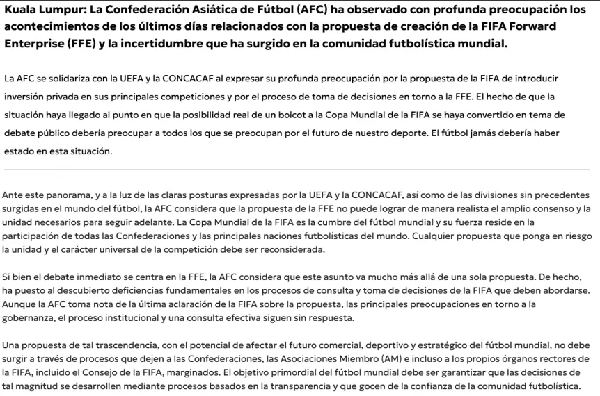 Comunicado de la Confederacion Asiática de Fútbol