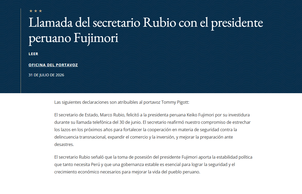 Comunicado del secretario de Estado de EE.UU., Marco Rubio dirigido a Keiko Fujimori
