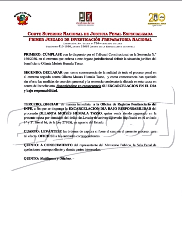 Resoluci�n de la Corte ordena liberaci�n de Ollanta Humala.