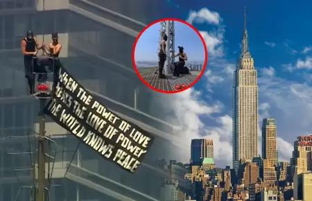 Pareja de extremistas subieron sin protecci�n a la cima del rascacielos.
