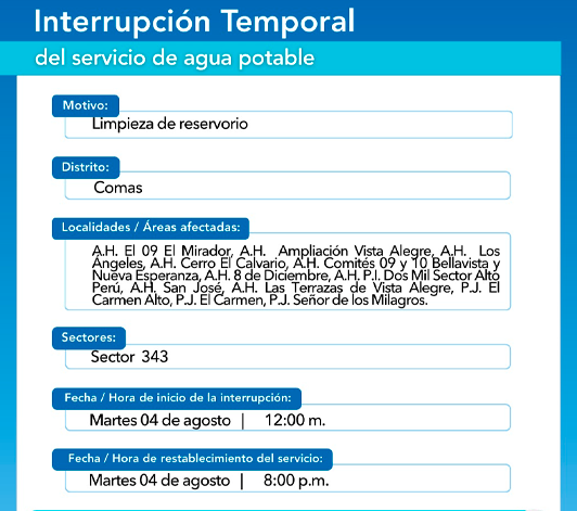 Zonas de Comas afectadas por corte de agua el 4 de agosto.