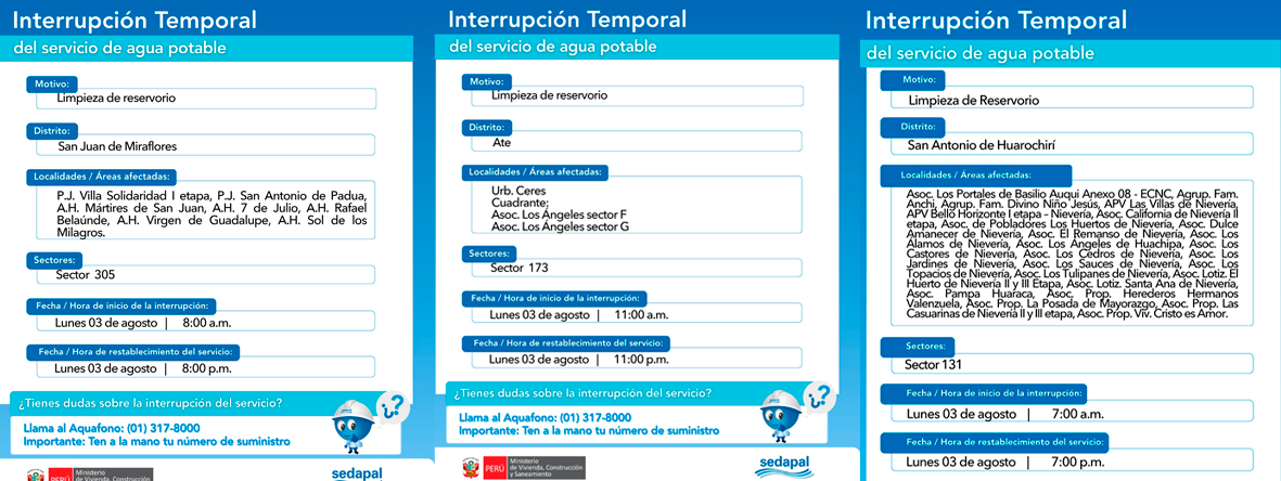 Sectores sin agua potable el lunes 3 de agosto, seg�n Sedapal.