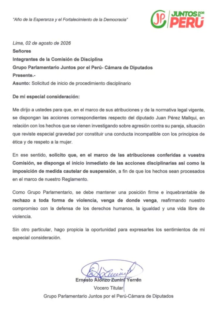 Juntos Por el Perú solicita la suspensión del diputado.