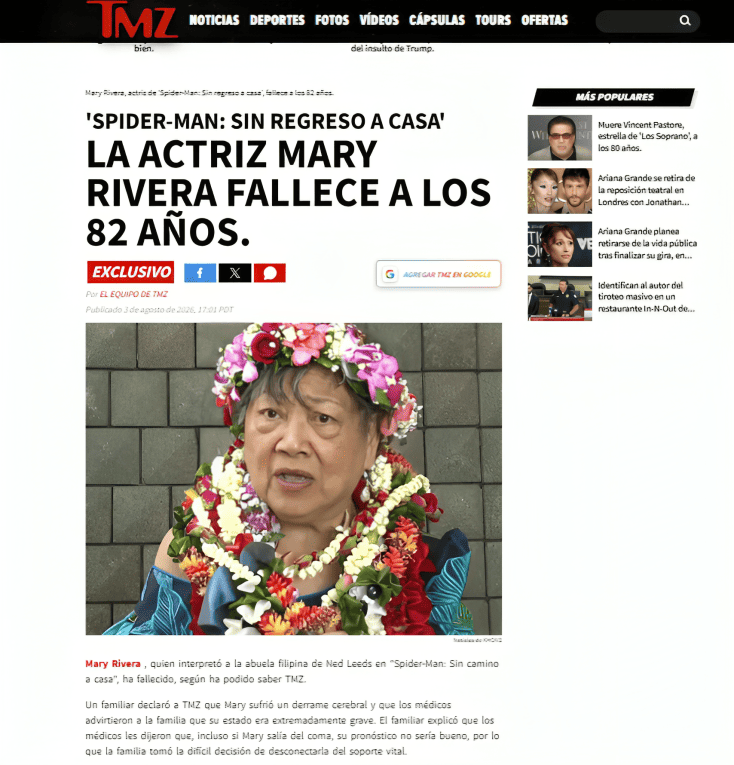 Así informó TMZ el fallecimiento de la actriz Mary Rivera
