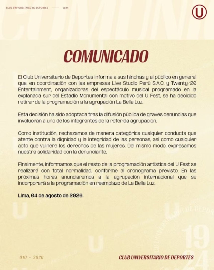 La Bella Luz fue retirada del 'U Fest'