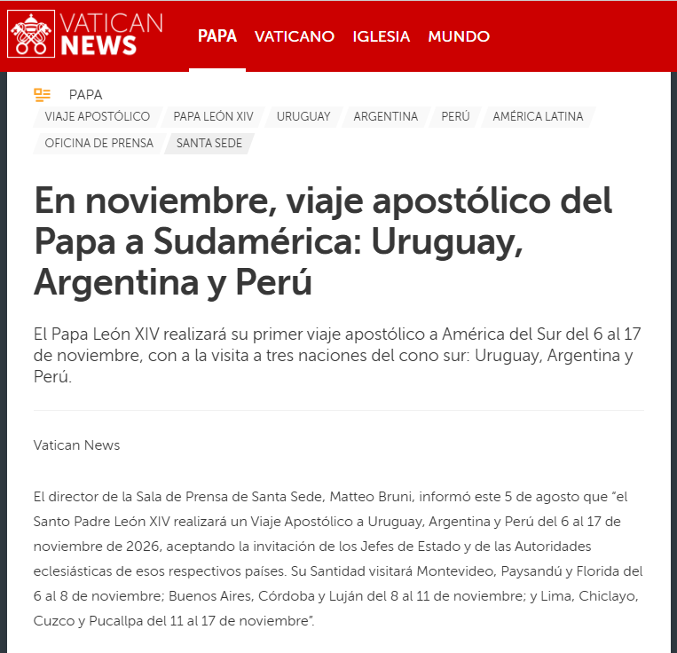 Ciudades que visitar� el Papa Le�n XIV en Argentina