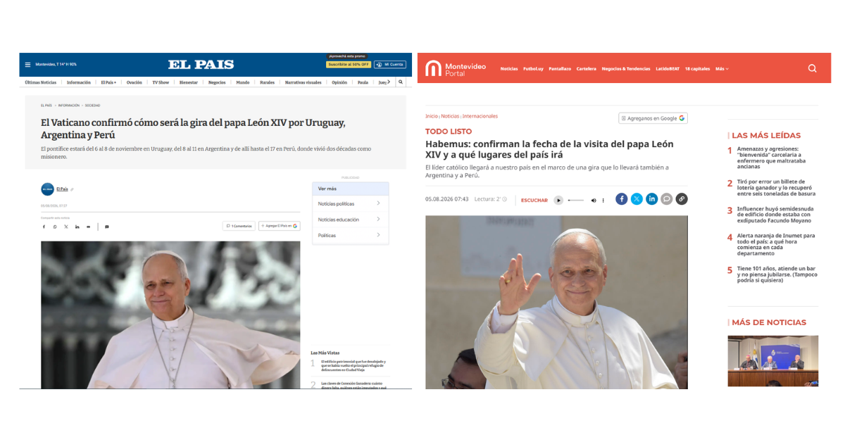 Prensa uruguaya anuncia llegada del Papa León XIV del 6 al 8 de noviembre