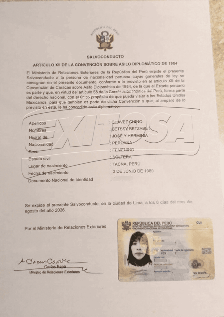 Documento en el que se otorga el salvoconducto a Betssy Chávez