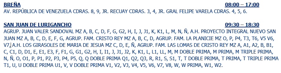 Zonas afectadas.