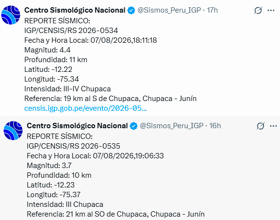 Dos sismos en Junín sorprendieron ayer, 7 de agosto.