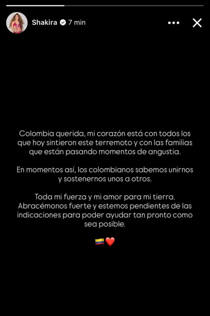 Shakira envía mensaje a Colombia