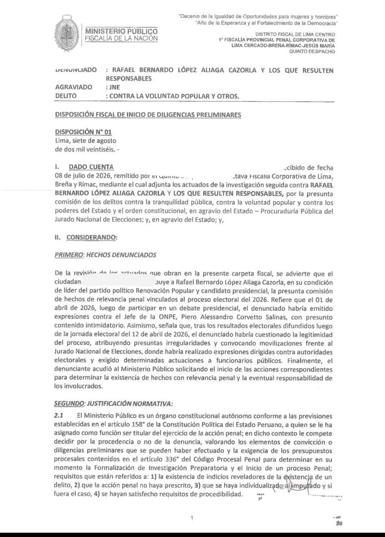 Denuncia de la Fiscalia contra Rafael López Aliaga
