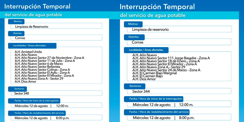 Sin servicio de agua potable por determinadas horas en Comas.