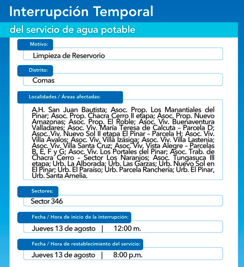 Interrupción temporal del servicio de agua en Comas.