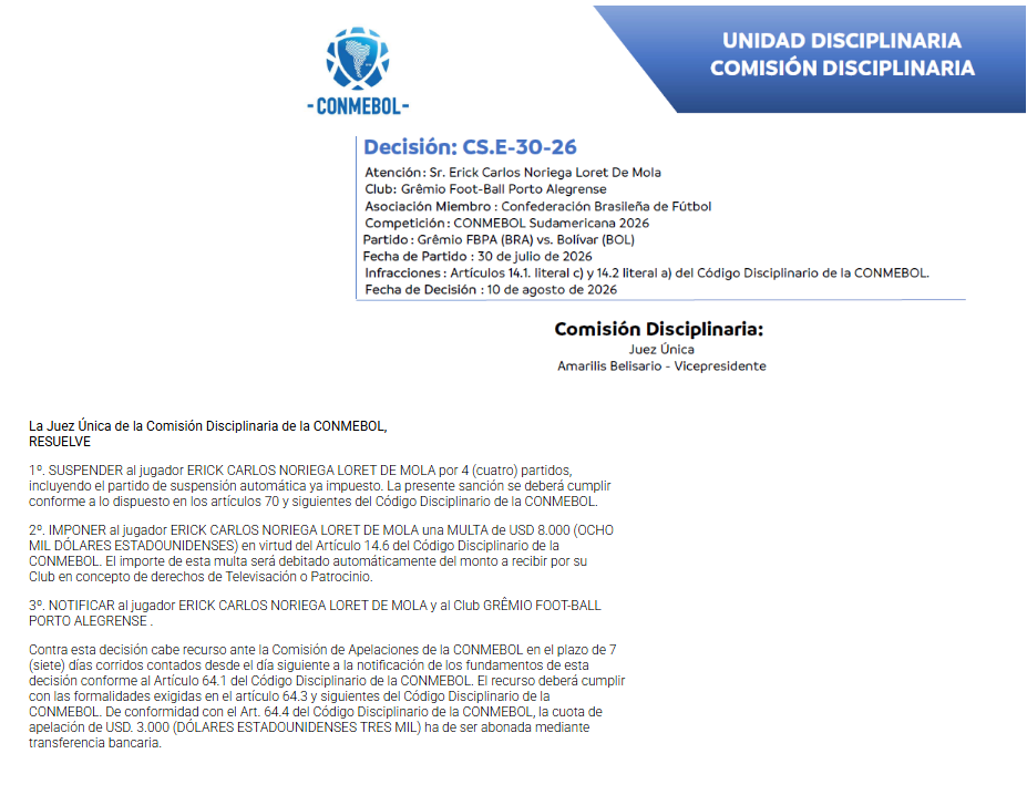 Resolución emitida por CONMEBOL sobre Erick Noriega