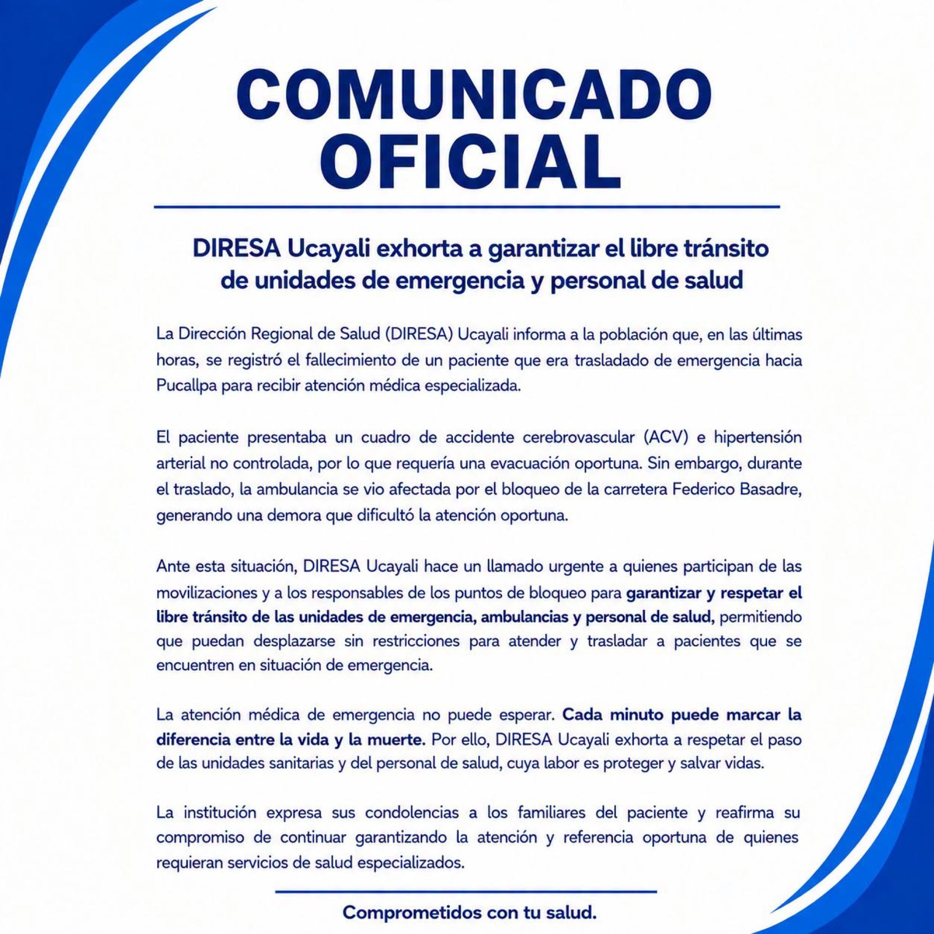DIRESA de Ucayali confirma fallecimiento de paciente con ACV