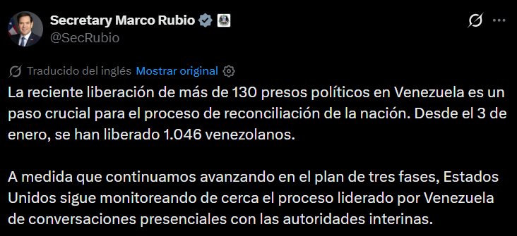 Marco Rubio saludó excarcelaciones