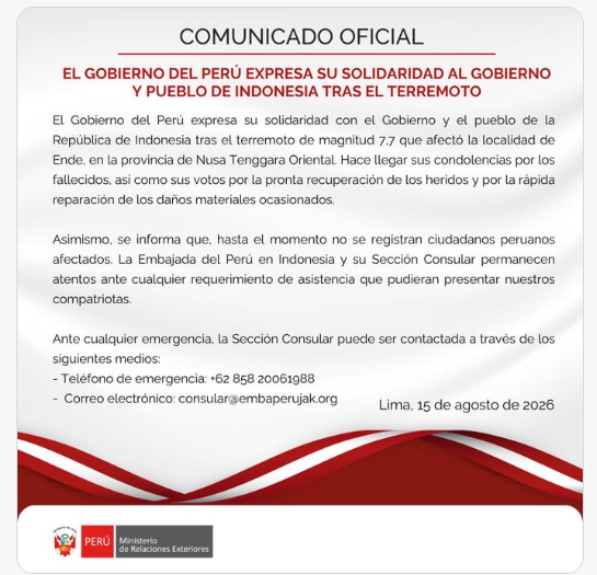 Comunicado de Cancillería de Perú tras terremoto en Indonesia.