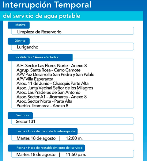 �reas afectadas por corte de agua el 18 de agosto.