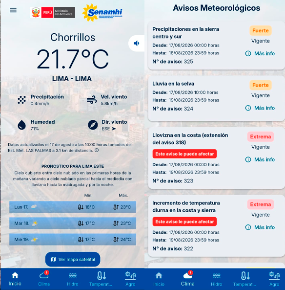 Alerta del clima mediante el aplicativo 'Senamhi Perú Móvil'.
