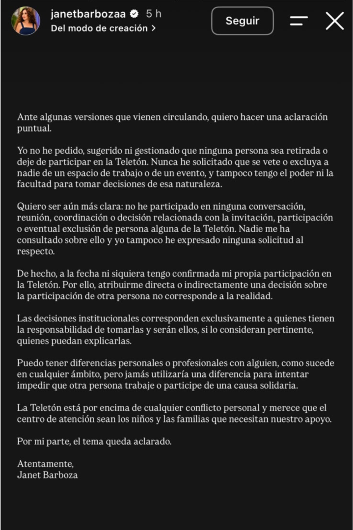 Comunicado de Janet Barboza a través de Instagram