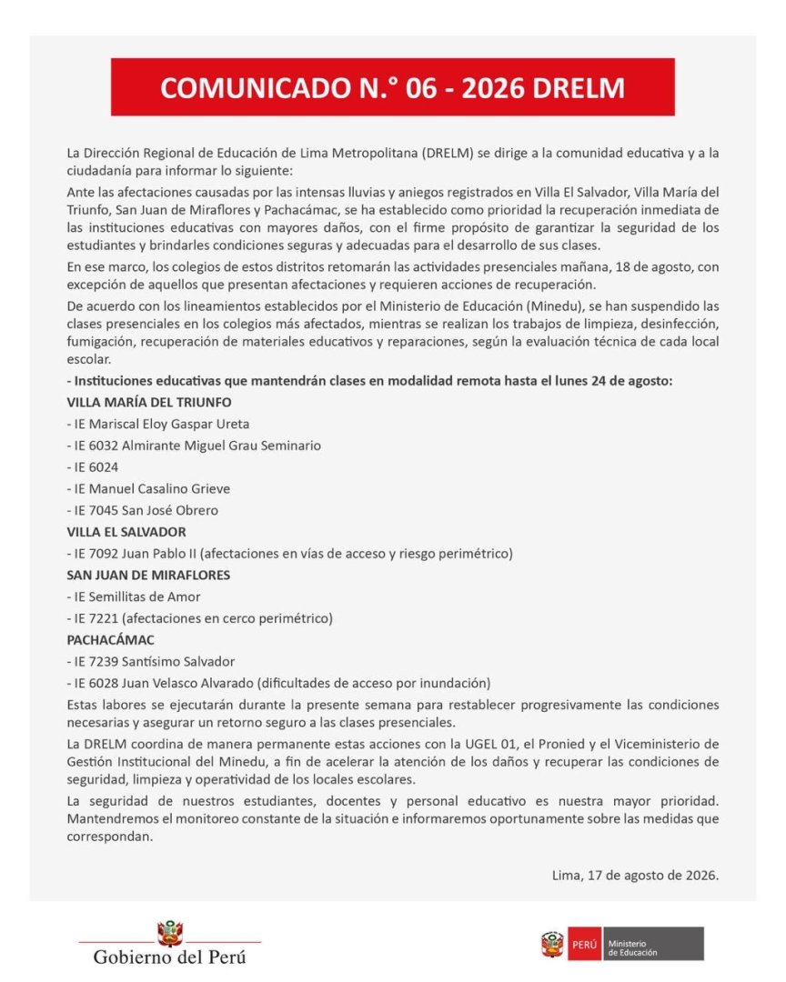 DRELM informa sobre retorno a clases en colegios de Lima Sur