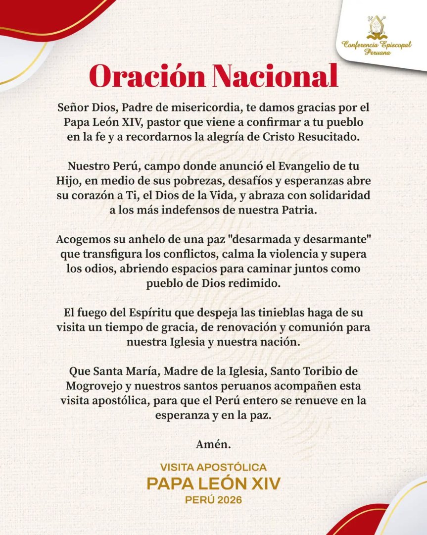 Oración por la visita del papa León XIV al Perú