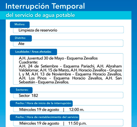 Zonas sin agua por el corte programado el 19 de agosto.