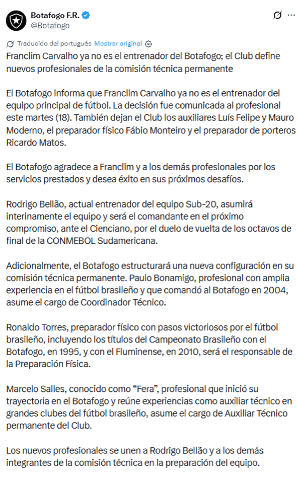 Comunicado de Botafogo en el que anuncia la destituci�n de su DT