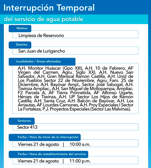Corte de agua en SJL: zonas afectadas.