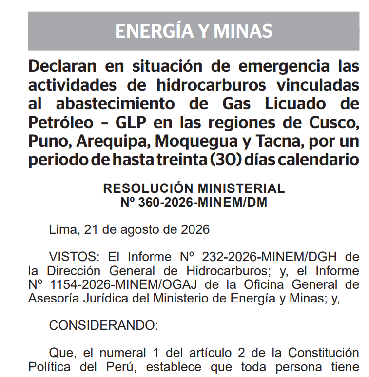 Gobierno declara en emergencia 5 regiones, durante 30 d�as.