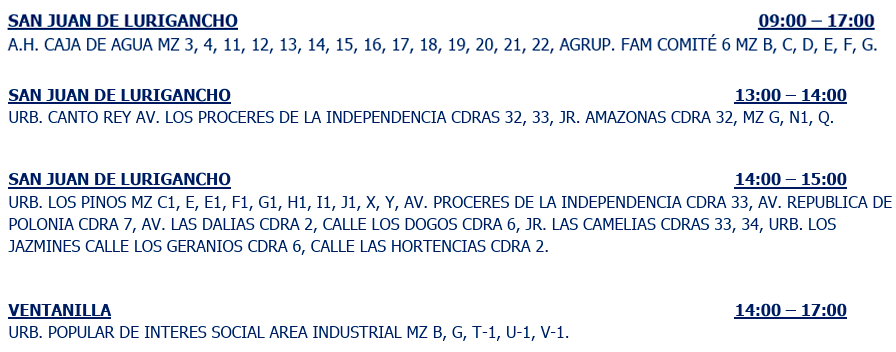 Sectores afectados por corte de luz.