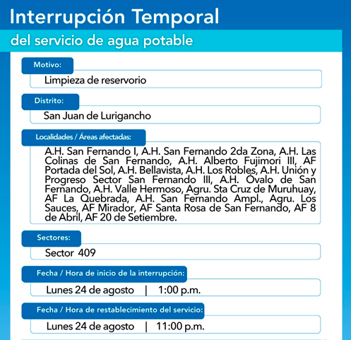 Zonas afectadas en SJL, según Sedapal.