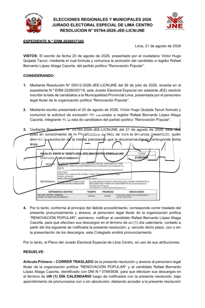 Documento del JEE sobre el pedido de Víctor Hugo Quijada Tacuri