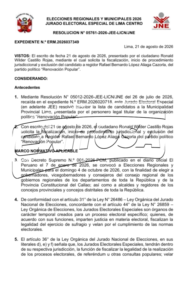 Documento del JEE sobre denuncia de Ronald Wilder Castillo Rojas