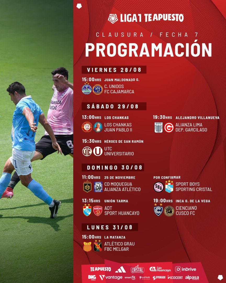 Fecha 7 del Torneo Clausura 2026 (Actualización: Sport Boys vs. Sporting Cristal - DOM 30/08 - 3:30 p.m.)
