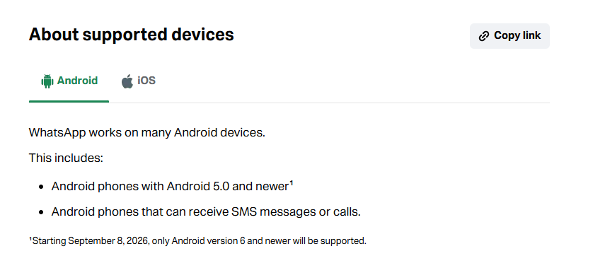 Aviso del soporte de WhatsApp para celulares Android.