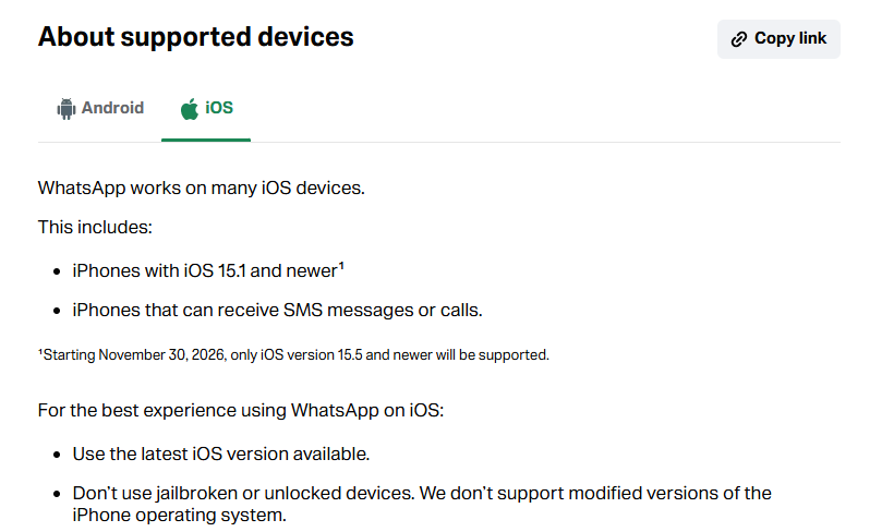 Aviso del soporte de WhatsApp para celulares con versiones anteriores al iOS 15.1.